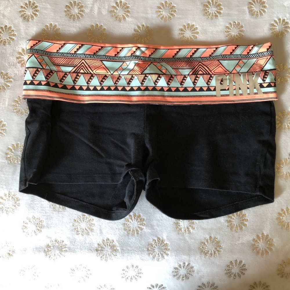 PINK Victoria's Secret Black Shorts with Coral & Mint Aztec Waistband